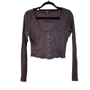 Monki Brown Ribbed Long Sleeve Button-Down Crop Cardigan Top Womens Size L